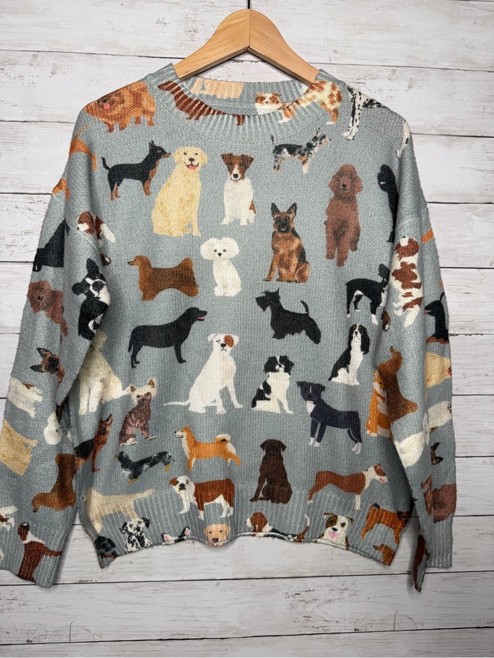 Dog Breed Print Knit Sweater Size Medium Gray Allover Puppy Novelty Pullover